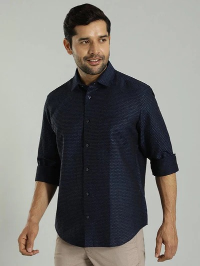 Indian Terrain Men's Slim Fit Full Sleeve Self Design Dark Blue Shirt